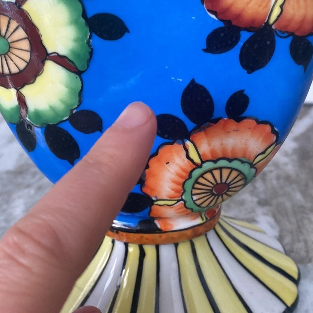 Art Deco Style Sakura Ware Fan Vase, Made in Japan hand painted. Colorful floral